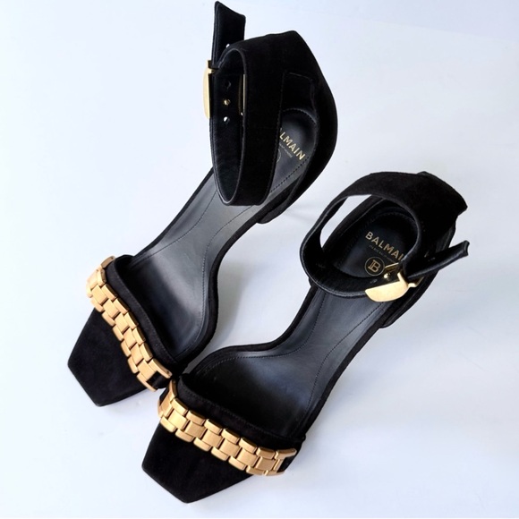 Balmain Uma Chain High Heel Sandals in Black Suede w/ Gold 38.5 - Picture 8 of 16